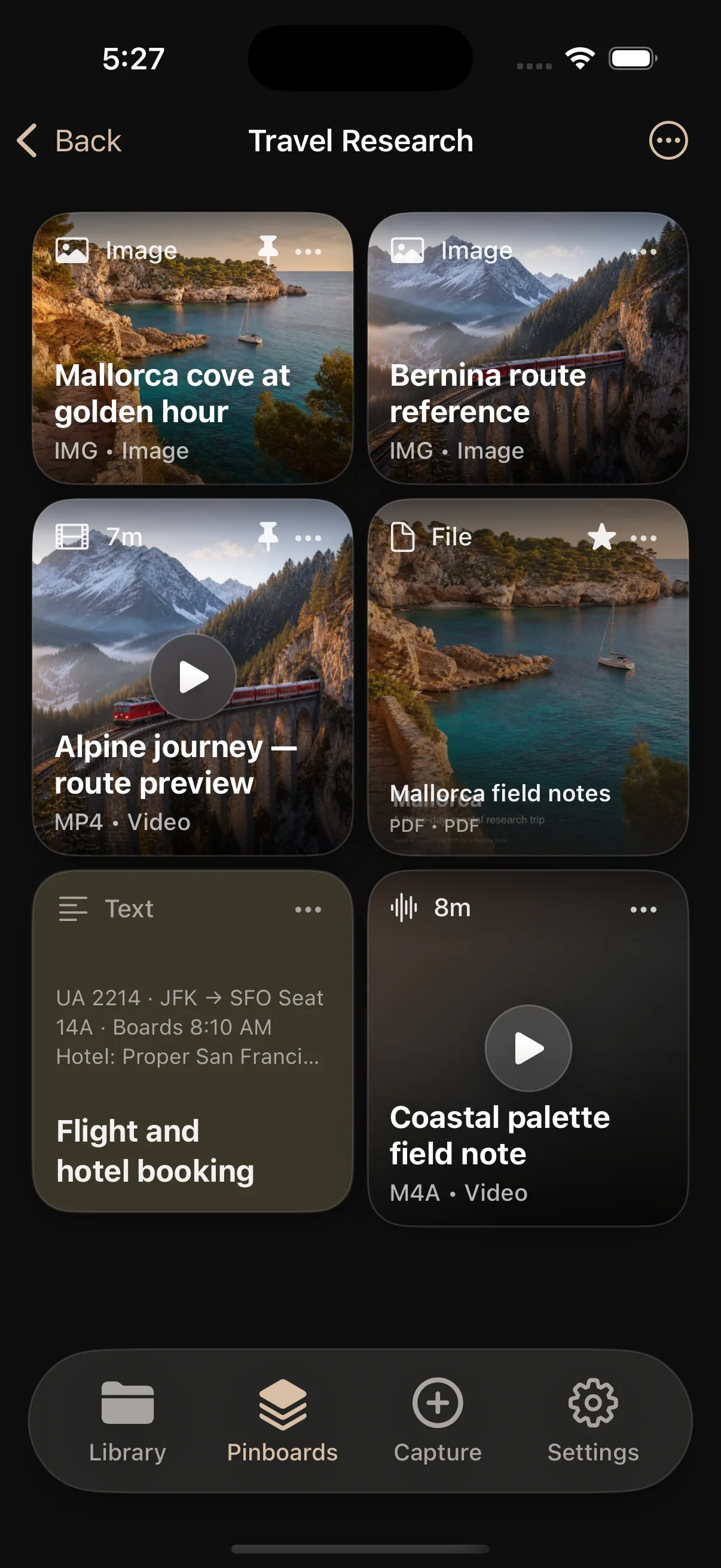 The Travel Research pinboard on iPhone with images, video, a PDF, booking details, and a voice note.