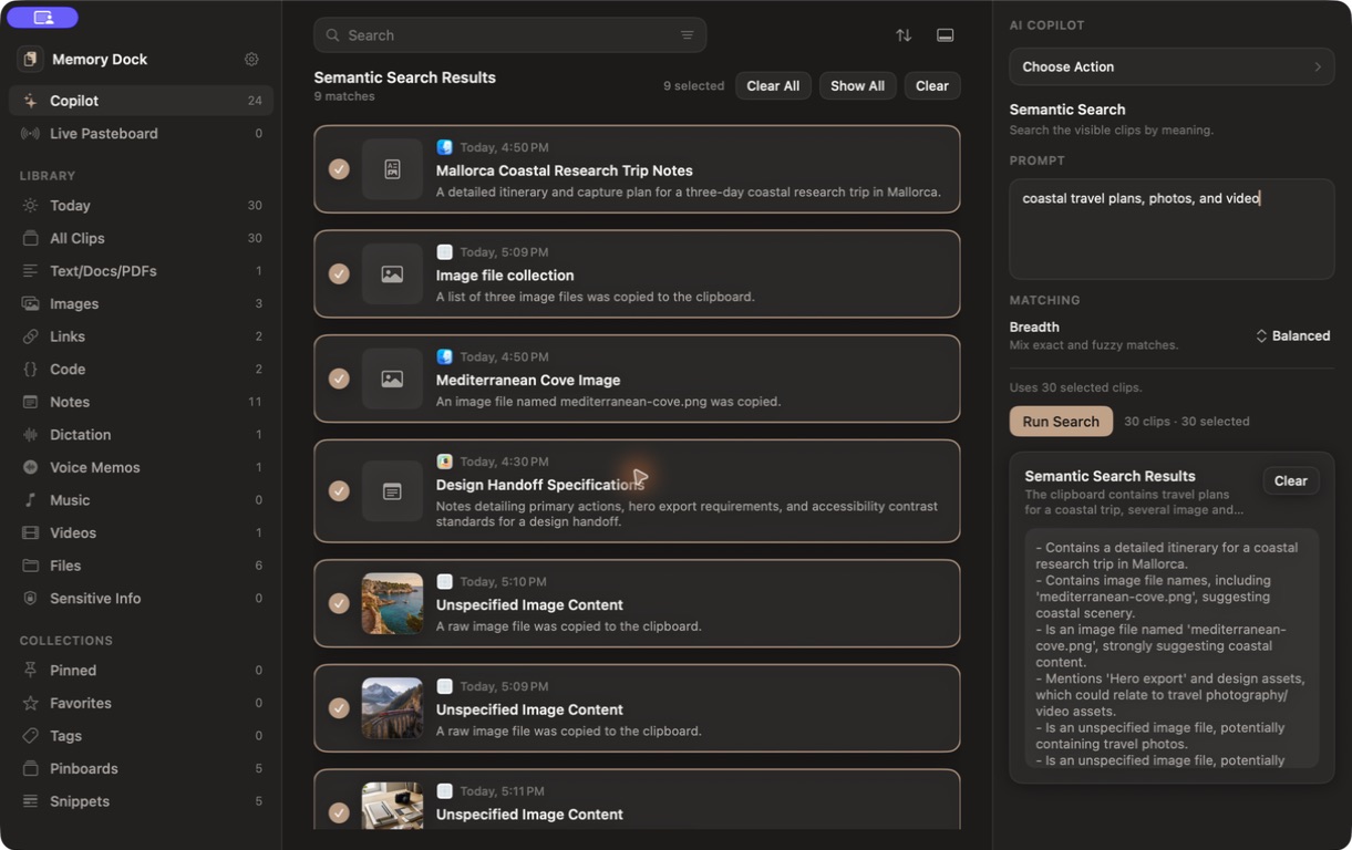 Memory Dock local AI finding nine clips related to coastal travel plans, photos, and video.
