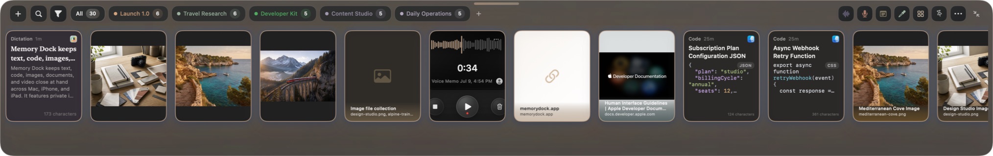 The real Memory Dock Bottom Shelf with dictation, three photos, a voice memo, links, code, and pinboards.