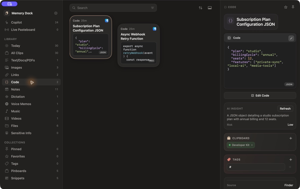 Memory Dock code library showing a JSON subscription configuration and a webhook retry function.