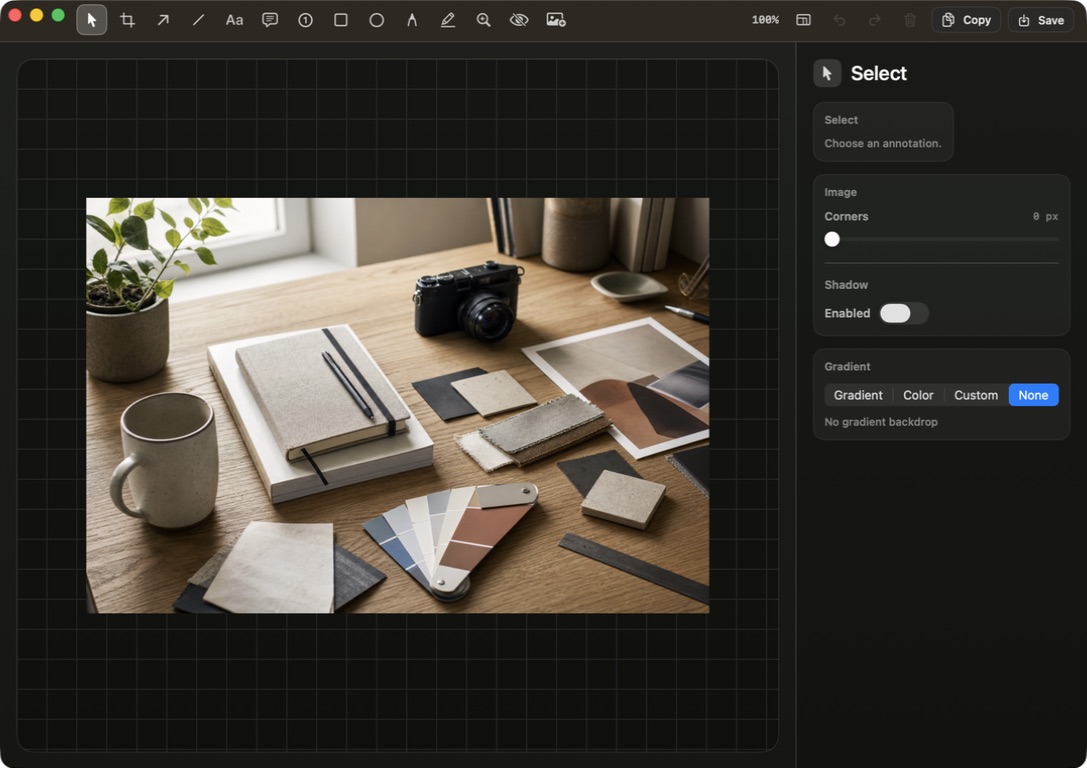 Memory Dock image editor showing a real design reference with crop, arrow, text, callout, blur, magnifier, and background tools.