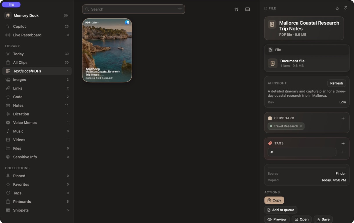 Memory Dock showing a saved Mallorca research PDF in the Mac document library.