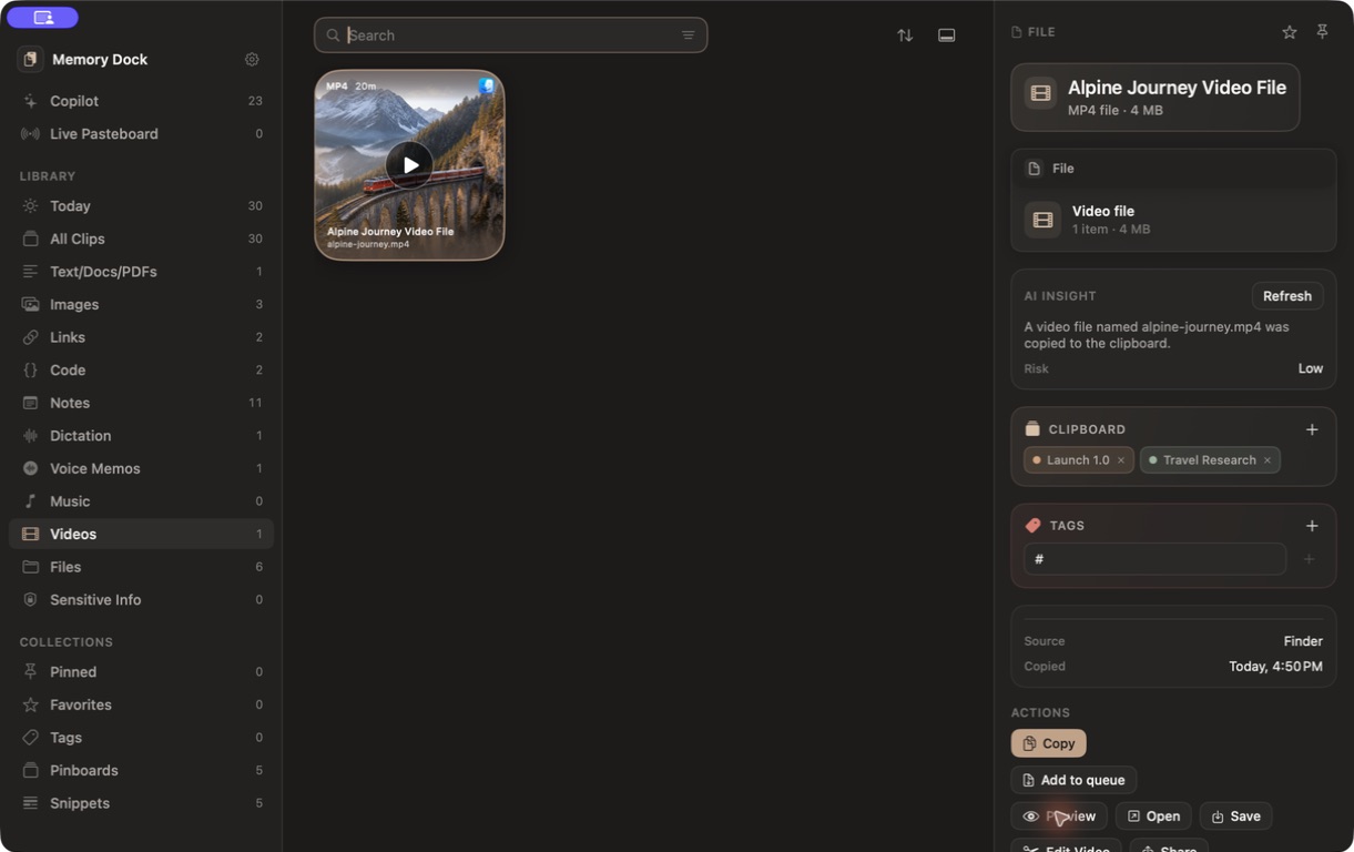 Memory Dock video library showing a saved Alpine Journey video and its preview, project, and save actions.