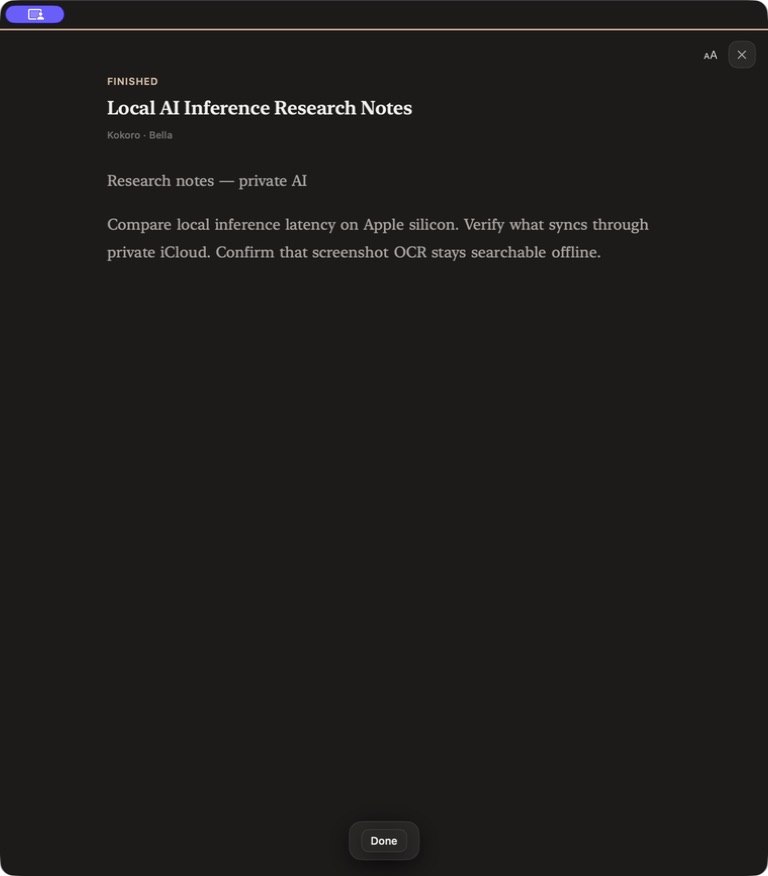 Memory Dock Zen Reader after reading a local AI research note aloud with the Kokoro Bella voice.